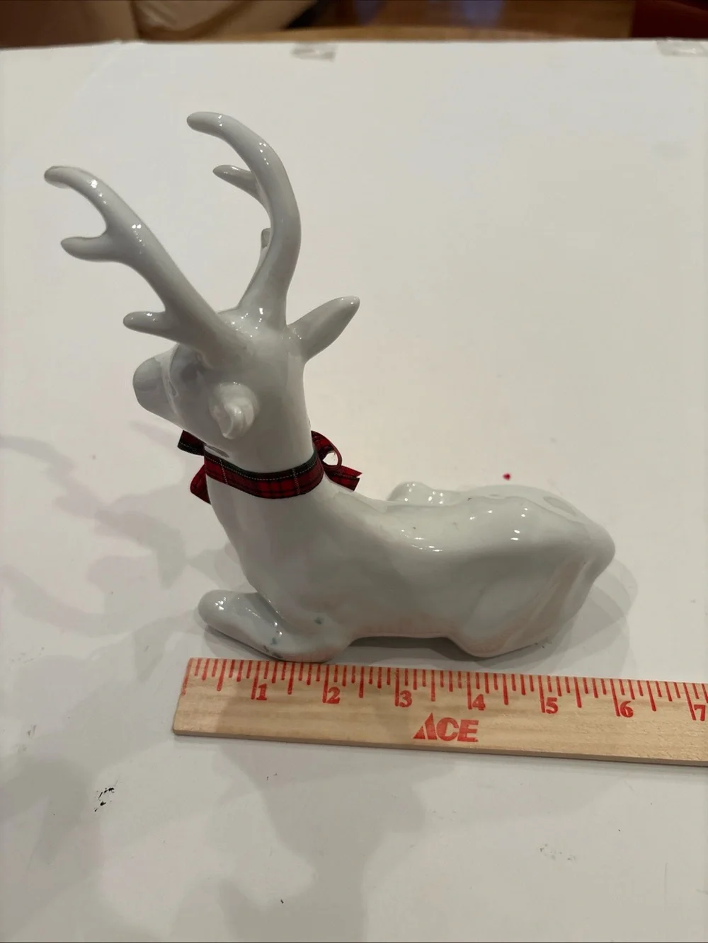 Set of 3/White Ceramic Reindeer Holiday Figurines w/ Red Plaid Bows-Christmas